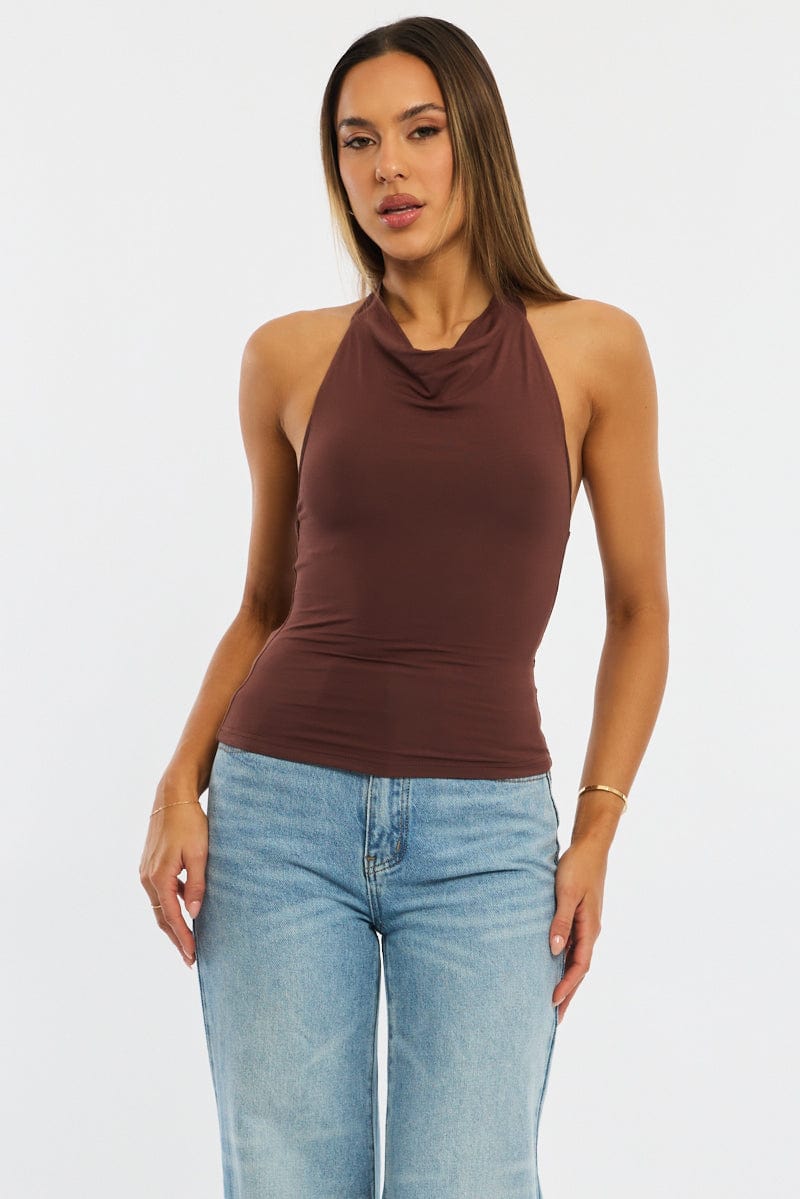 Brown Halter Neck Top Supersoft for Ally Fashion