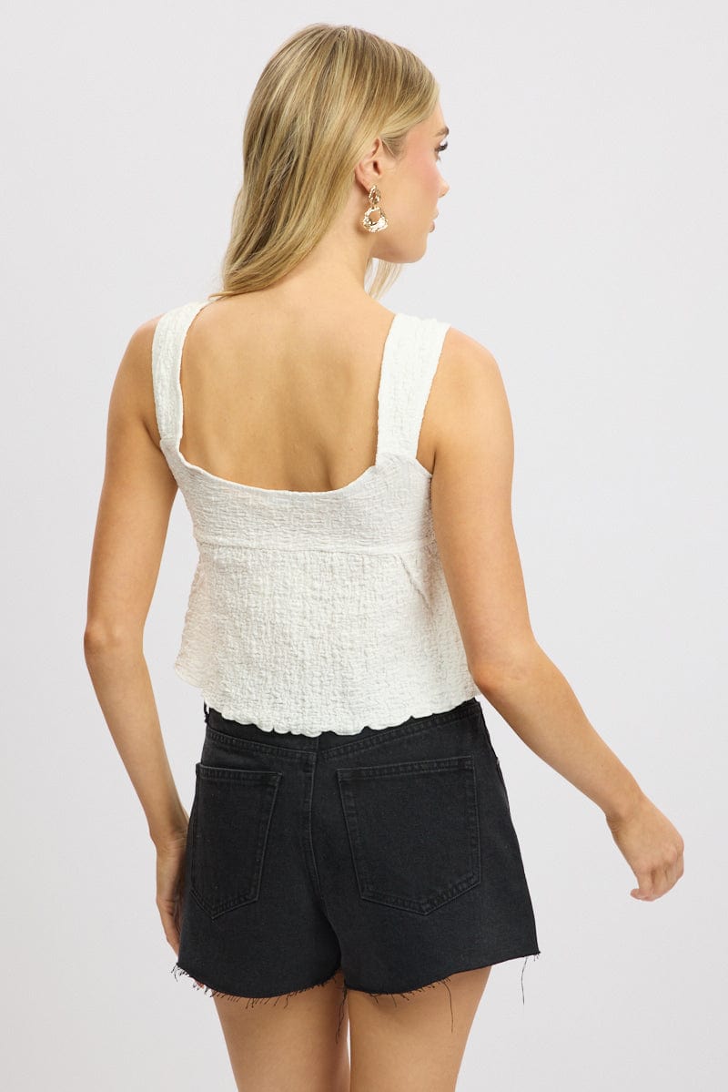 White Tie Front Top Sleeveless Textured for Ally Fashion