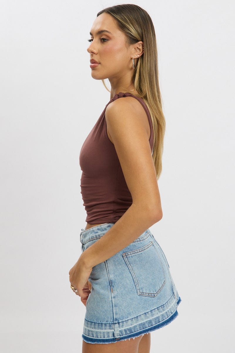 Brown Sleeveless Twist Shoulder Top for Ally Fashion