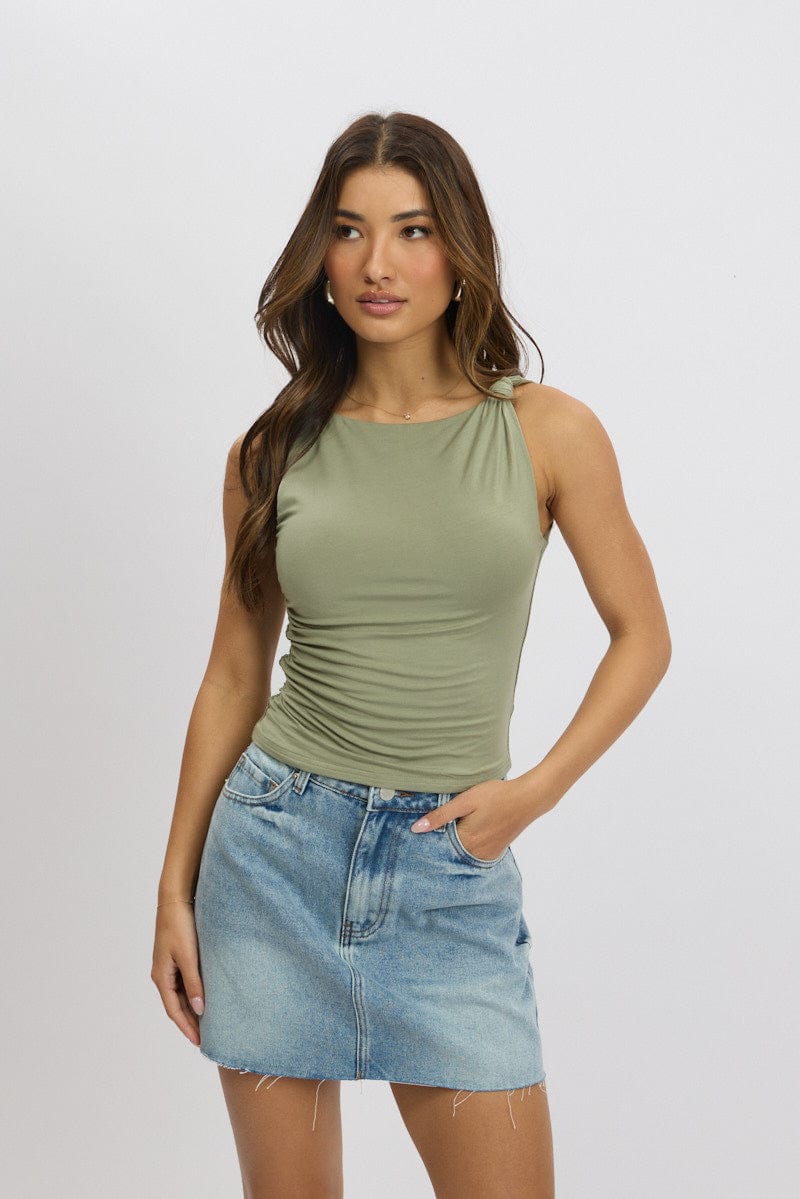 Green Sleeveless Twist Shoulder Top for Ally Fashion