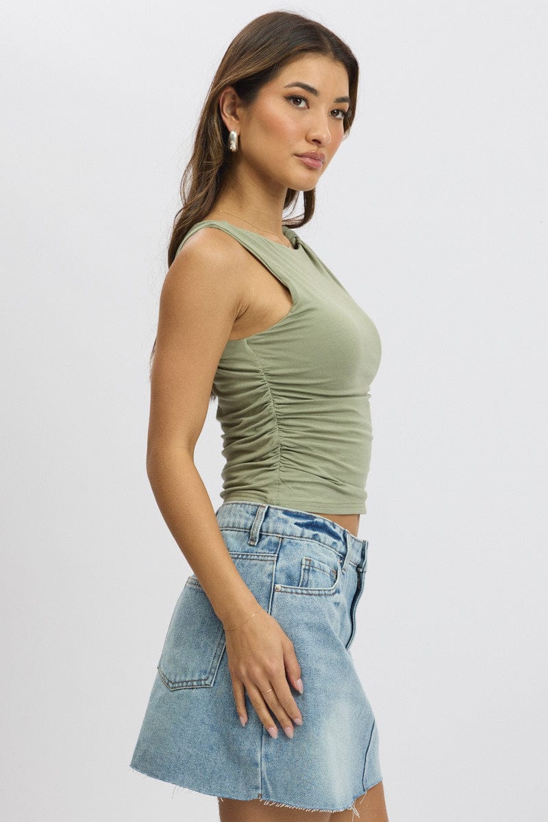 Green Sleeveless Twist Shoulder Top for Ally Fashion