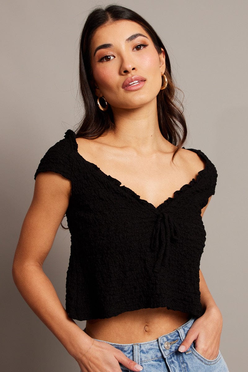 Black Textured Top Crop Short Sleeve for Ally Fashion