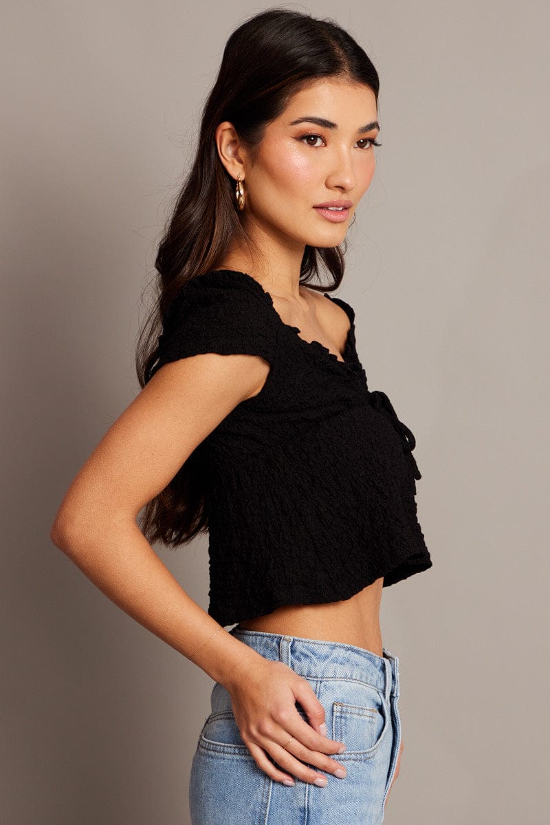 Black Textured Top Crop Short Sleeve for Ally Fashion