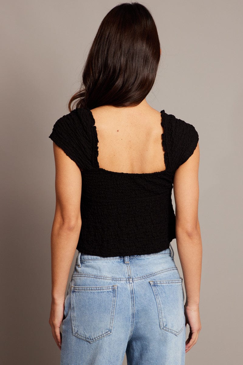 Black Textured Top Crop Short Sleeve for Ally Fashion