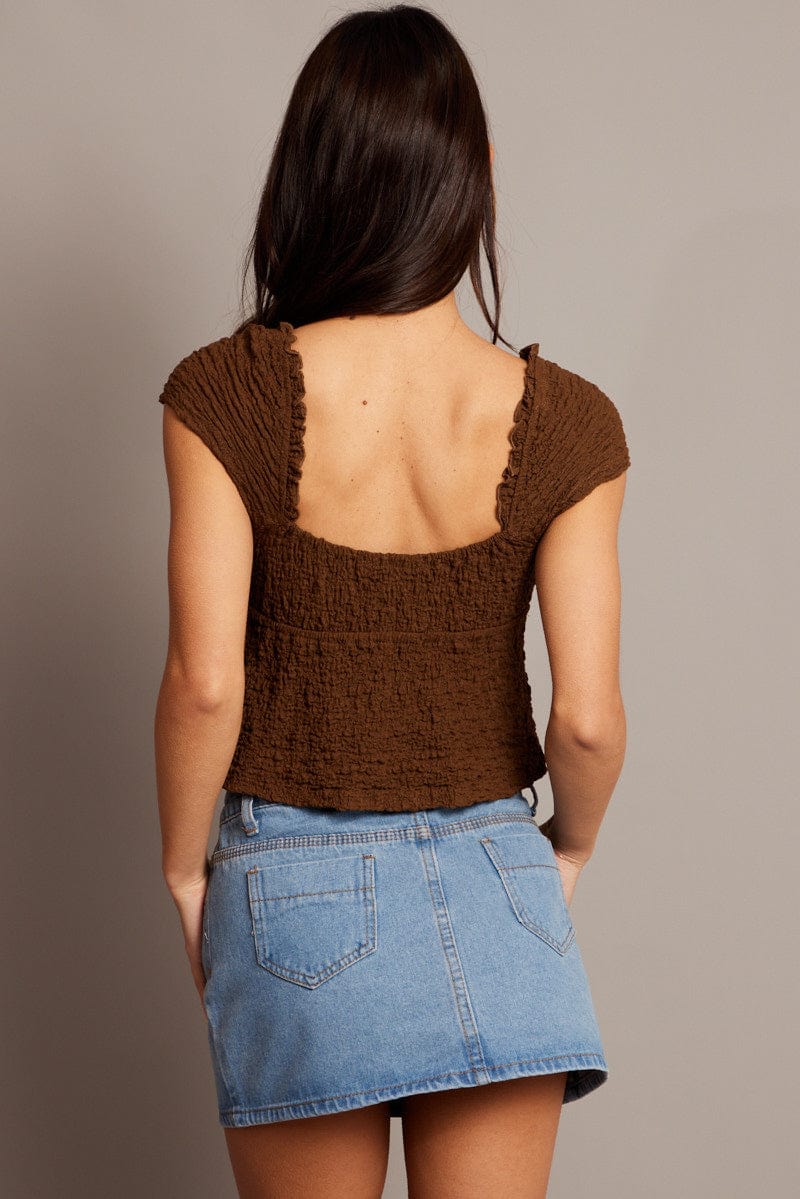 Brown Textured Top Crop Short Sleeve for Ally Fashion