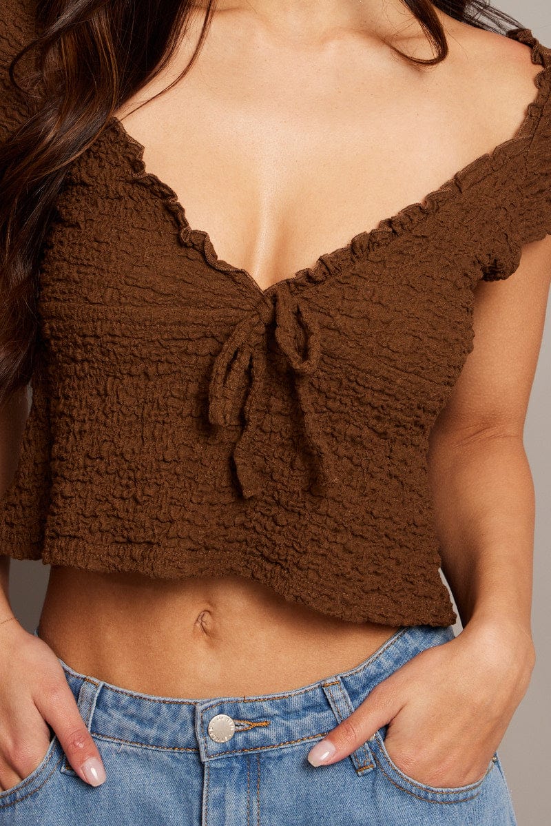 Brown Textured Top Crop Short Sleeve for Ally Fashion