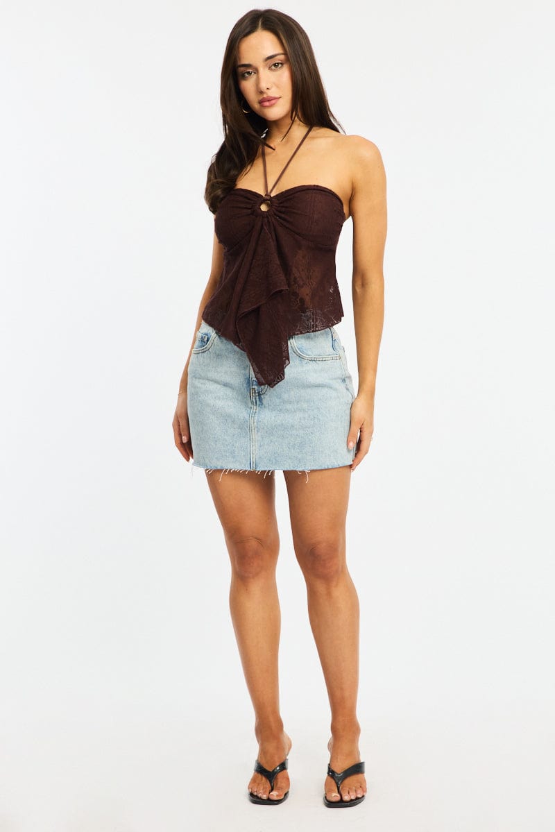 Brown Halter Top Sleeveless Lace for Ally Fashion