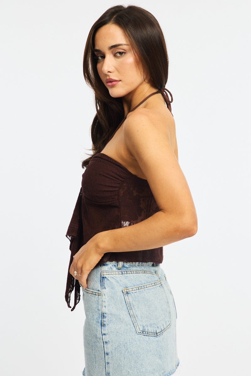 Brown Halter Top Sleeveless Lace for Ally Fashion