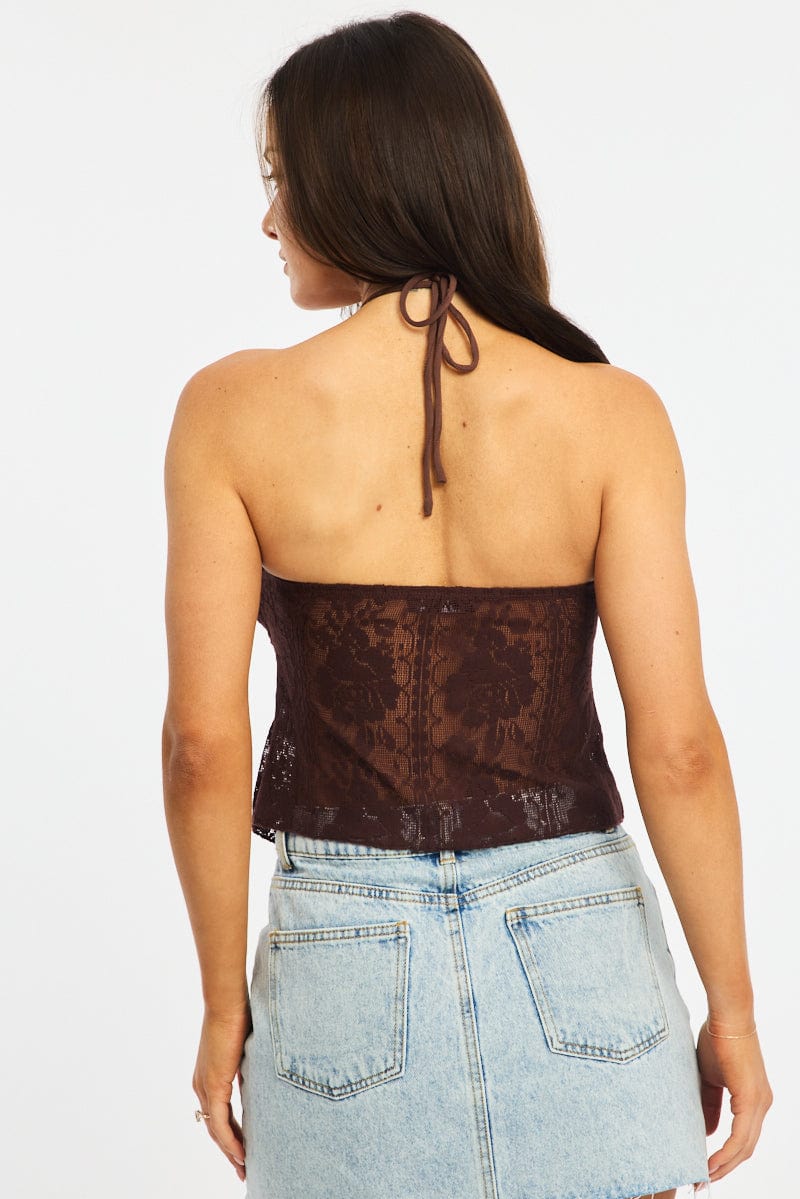 Brown Halter Top Sleeveless Lace for Ally Fashion