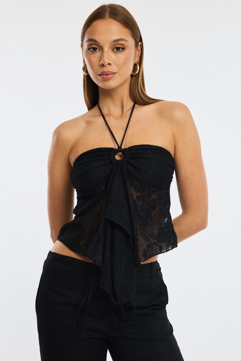 Black Halter Top Sleeveless Lace for Ally Fashion