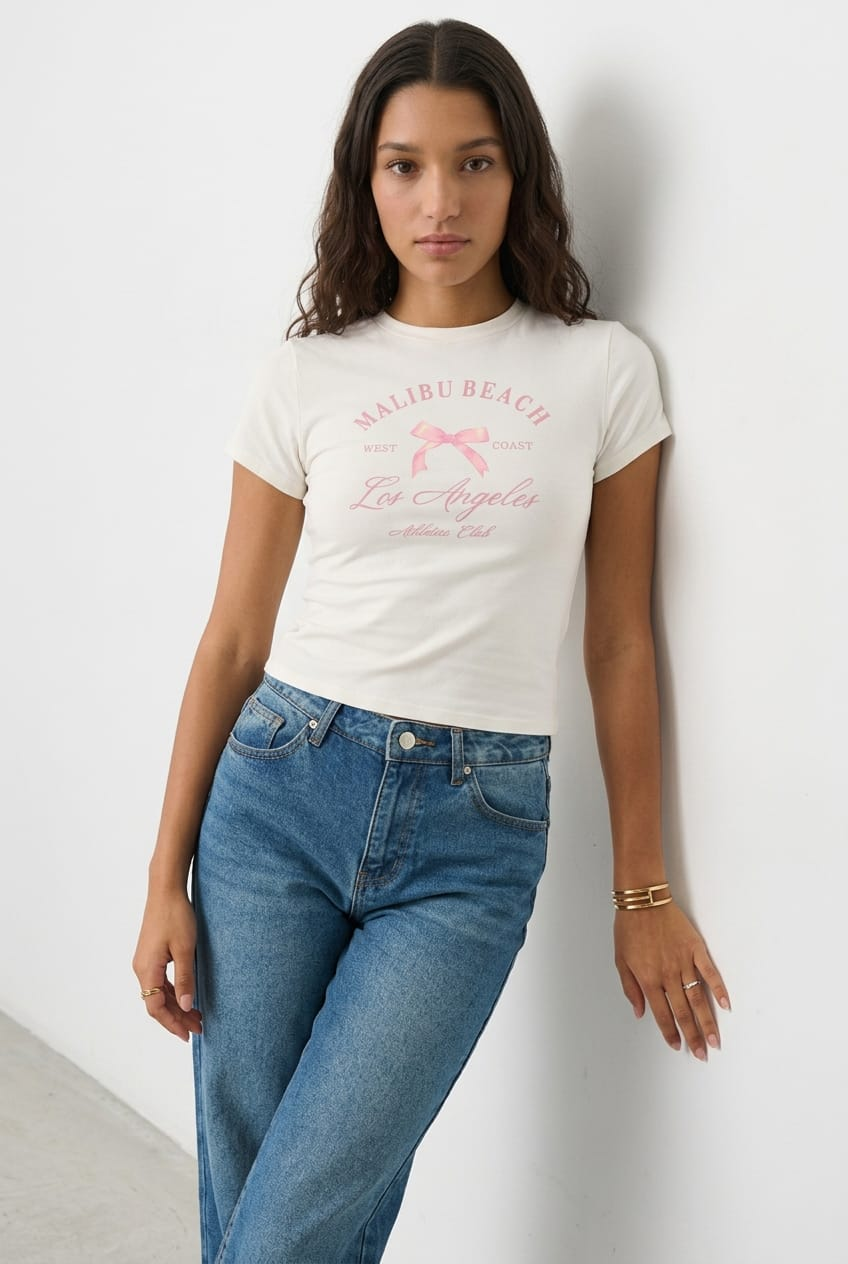 Ally Fashion white slim fit graphic tee with pink Malibu Beach and Los Angeles print