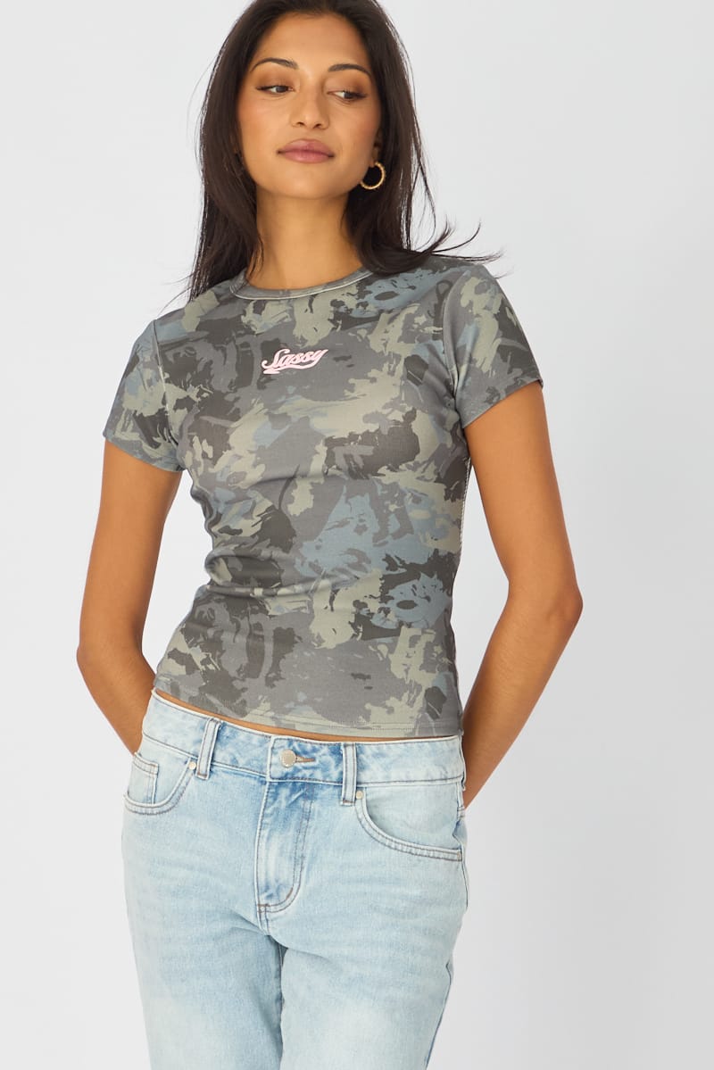 Green Print Short Sleeve Top for Ally Fashion