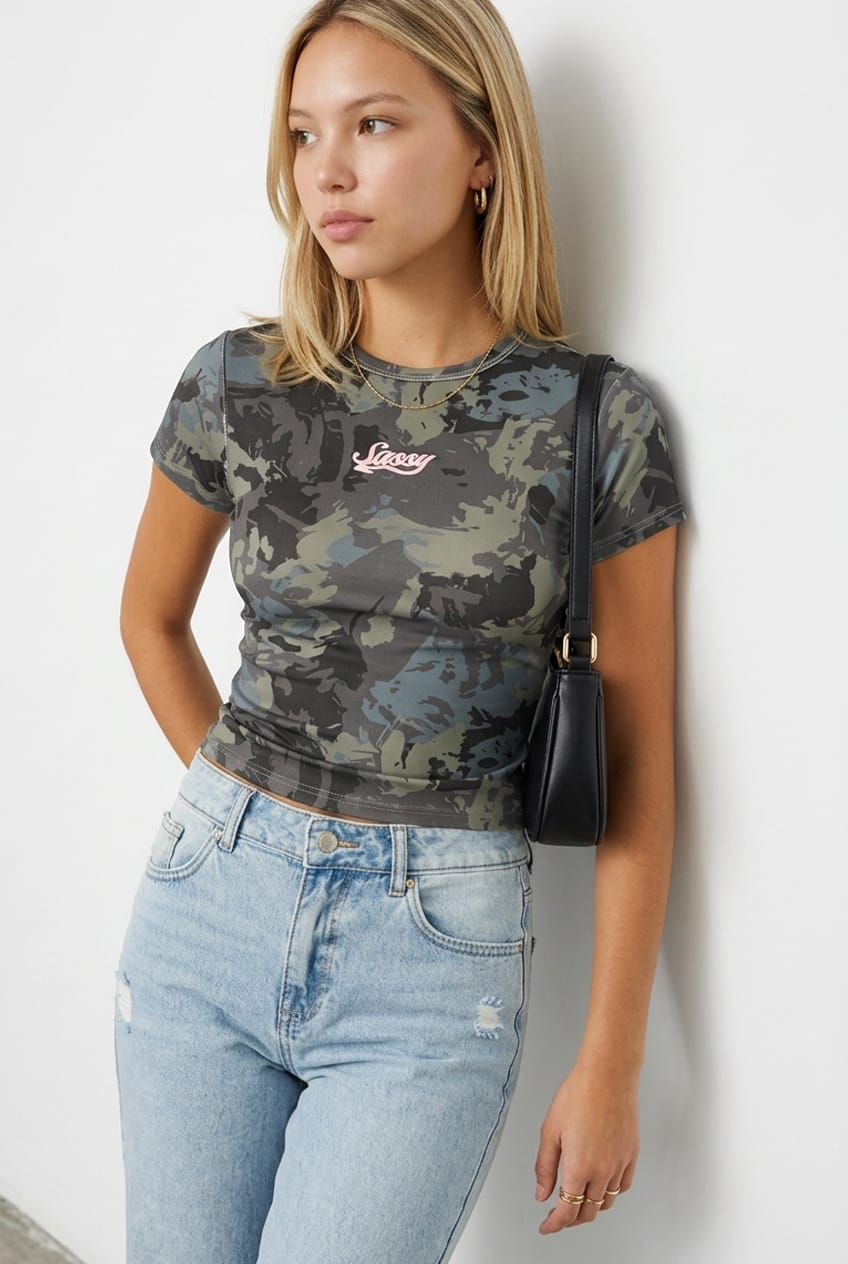 Green Print Short Sleeve Top for Ally Fashion