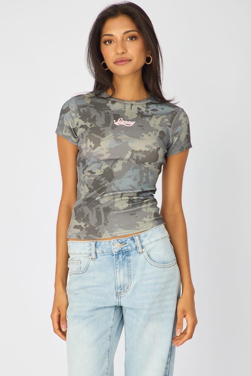 Green Print Short Sleeve Top for Ally Fashion