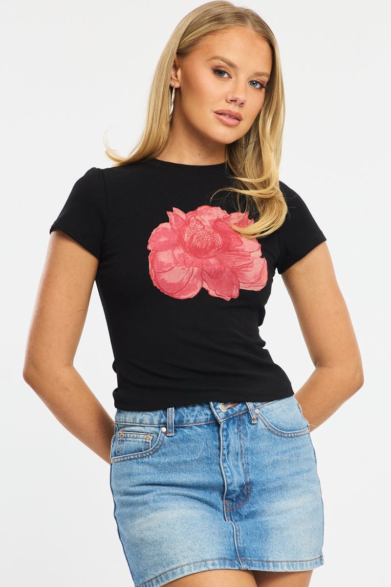 Black Graphic Tee Short Sleeve for Ally Fashion