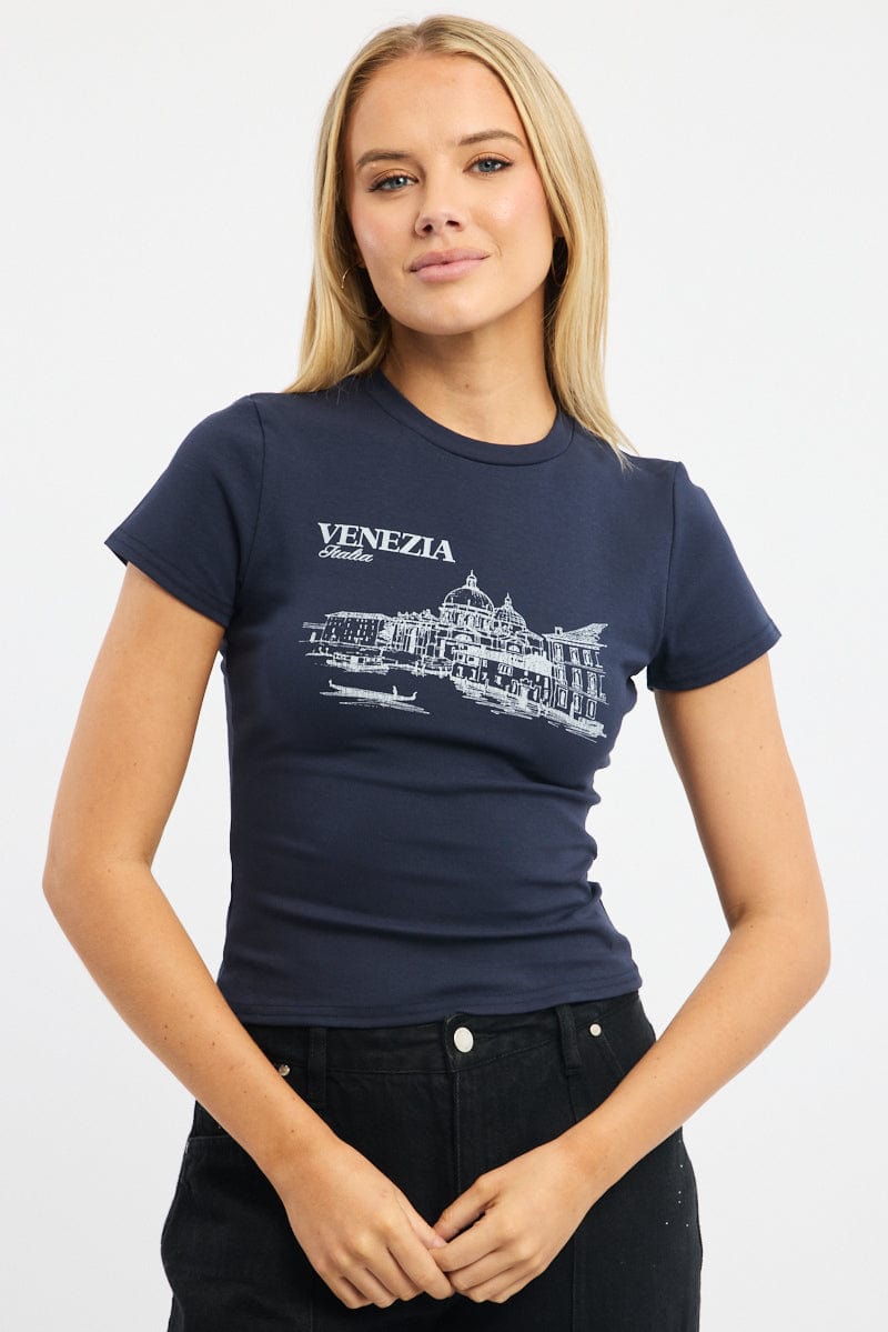 Blue Graphic Tee Short Sleeve for Ally Fashion