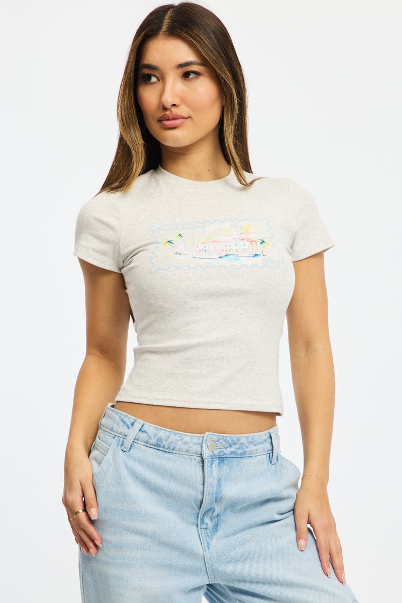 Grey Graphic Tee Short Sleeve for Ally Fashion