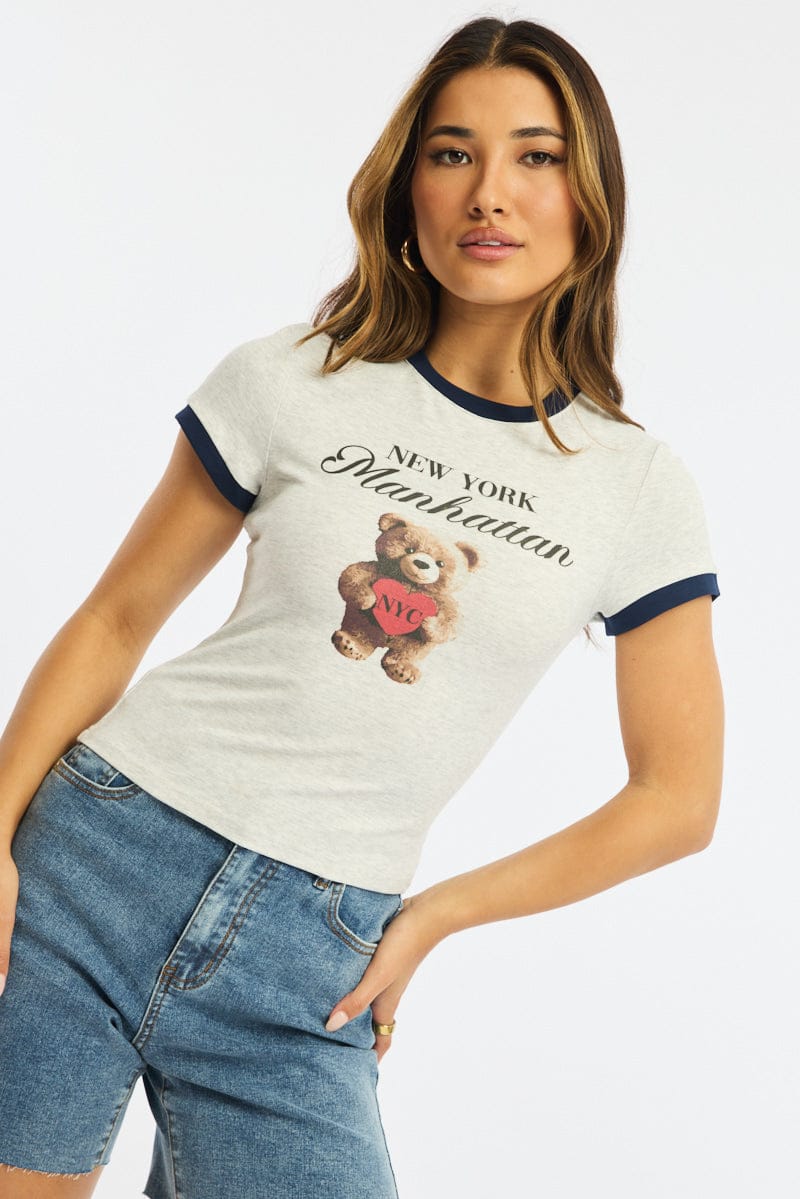 Grey Graphic Tee Short Sleeve for Ally Fashion