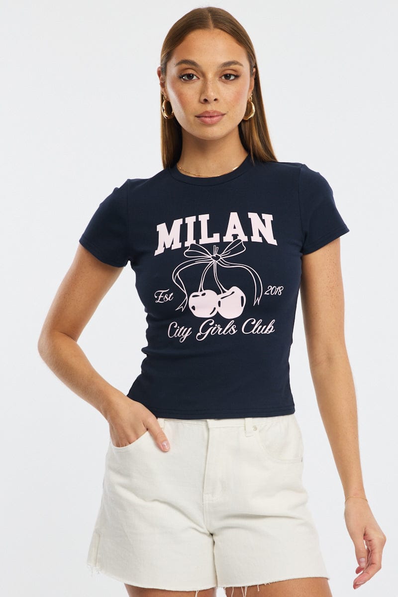 Blue Graphic Tee Short Sleeve for Ally Fashion