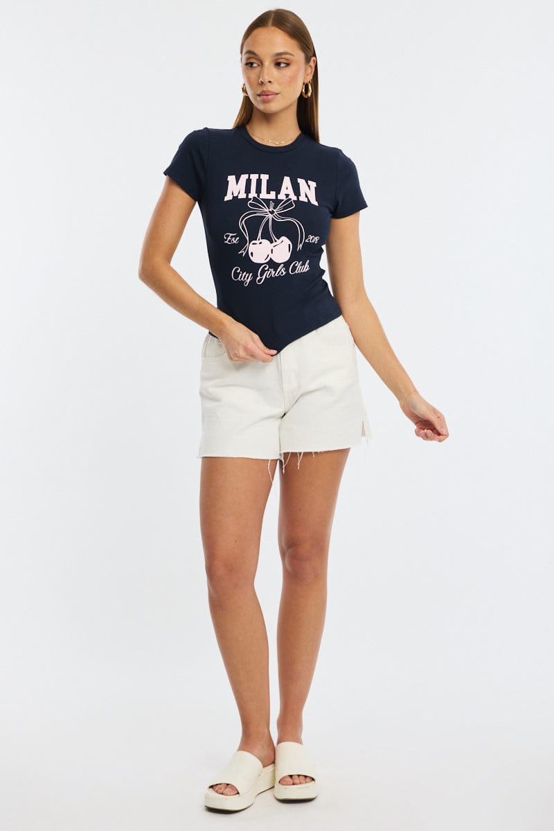 Blue Graphic Tee Short Sleeve for Ally Fashion