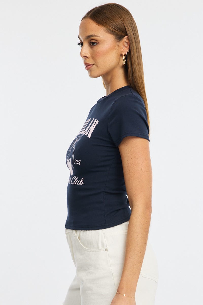 Blue Graphic Tee Short Sleeve for Ally Fashion