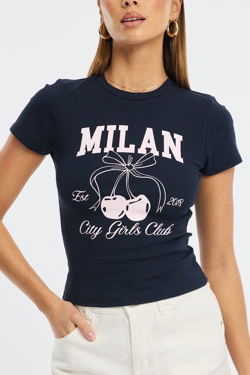 Blue Graphic Tee Short Sleeve for Ally Fashion