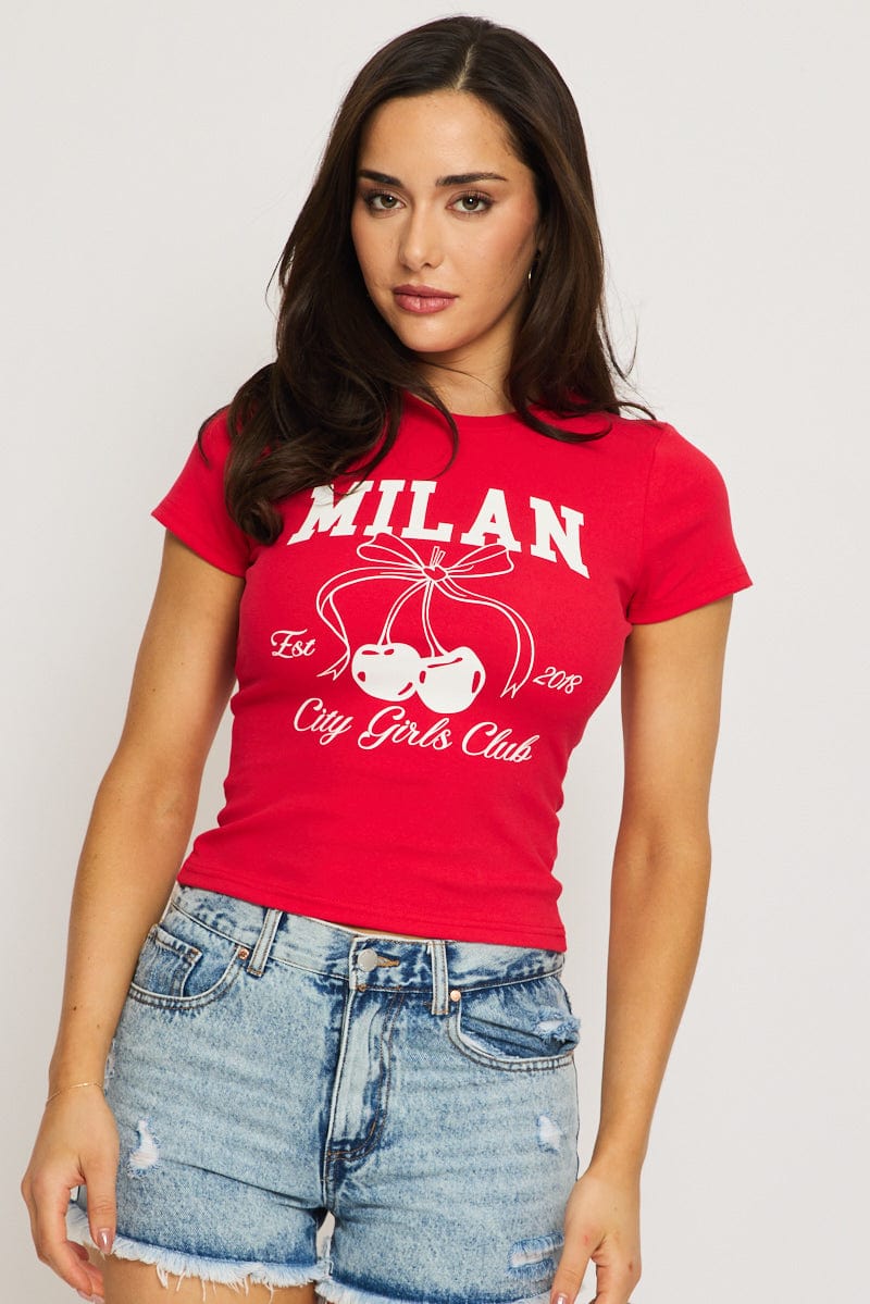 Red Graphic Tee Short Sleeve for Ally Fashion