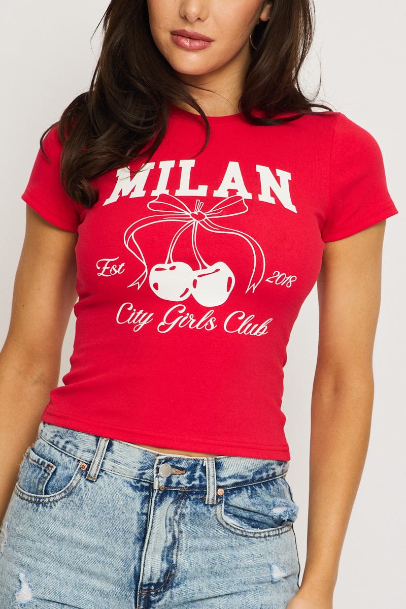 Red Graphic Tee Short Sleeve for Ally Fashion