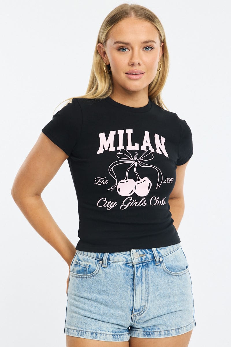 Black Graphic Tee Short Sleeve for Ally Fashion