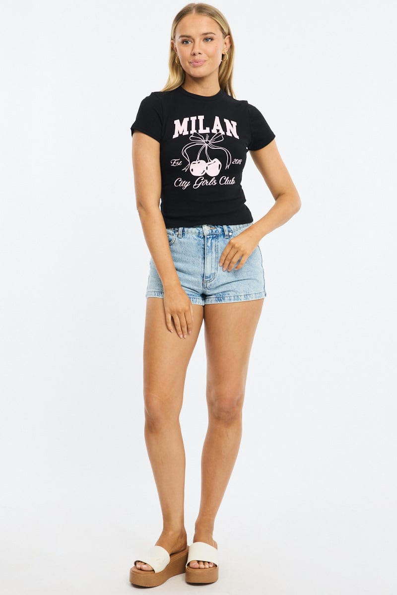 Black Graphic Tee Short Sleeve for Ally Fashion