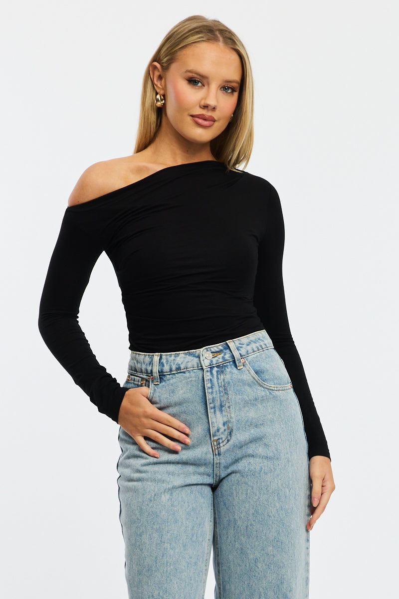Black One Shoulder Top Long Sleeve Modal for Ally Fashion
