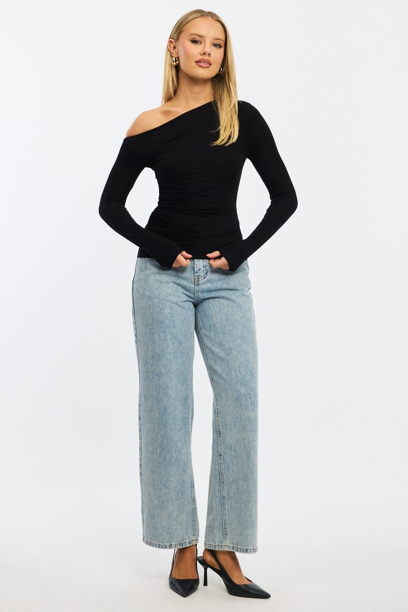 Black One Shoulder Top Long Sleeve Modal for Ally Fashion