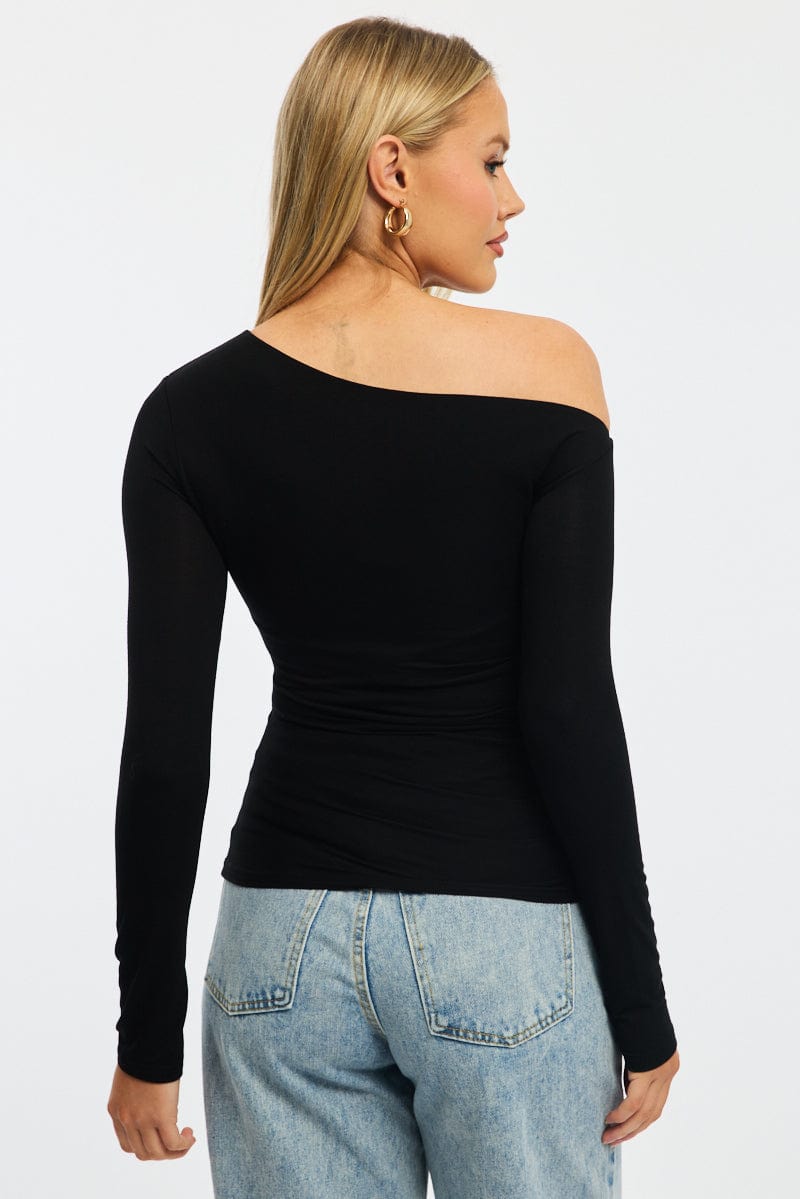Black One Shoulder Top Long Sleeve Modal for Ally Fashion