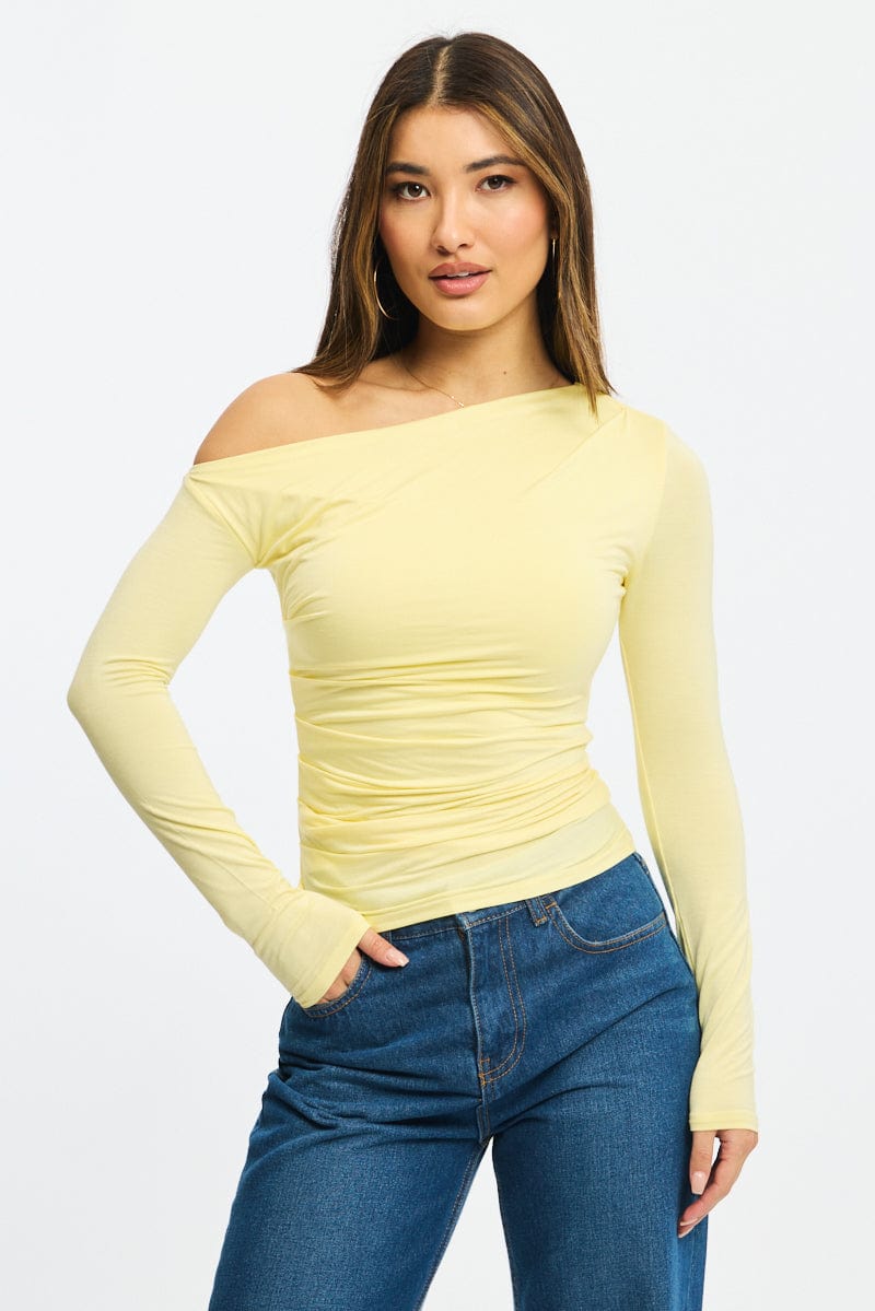 Yellow One Shoulder Top Long Sleeve Modal for Ally Fashion