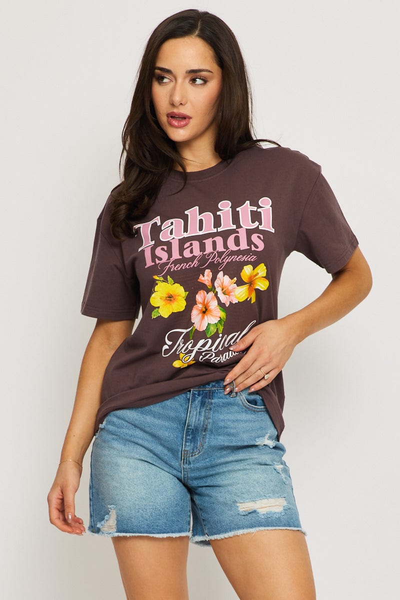 Brown Graphic Tee Short Sleeve for Ally Fashion