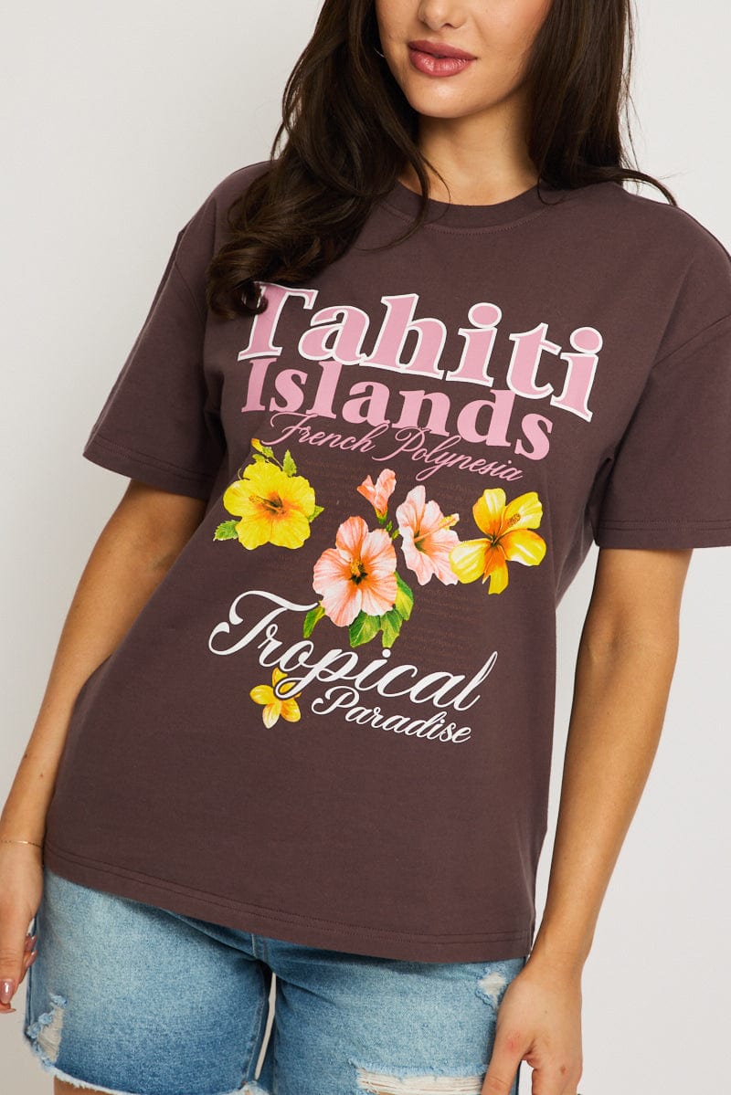 Brown Graphic Tee Short Sleeve for Ally Fashion