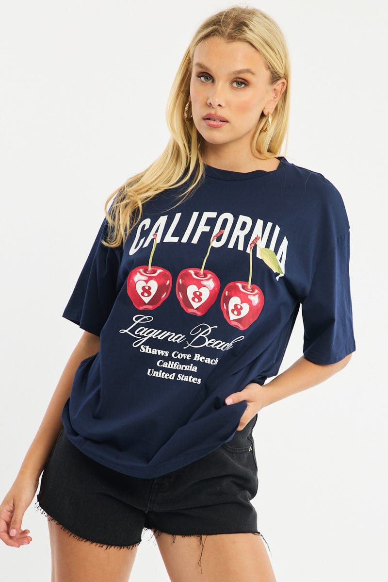 Blue Graphic Tee Short Sleeve for Ally Fashion