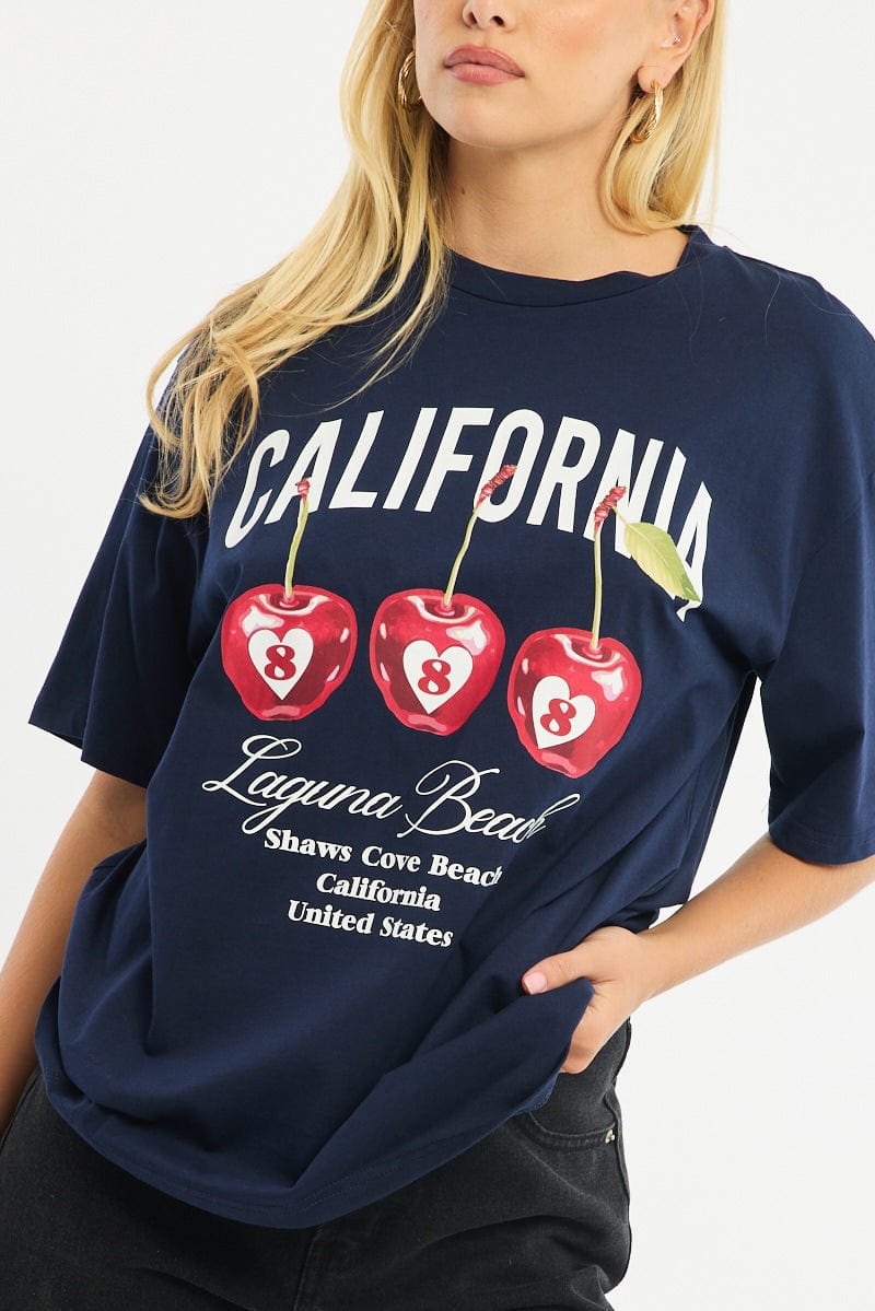 Blue Graphic Tee Short Sleeve for Ally Fashion
