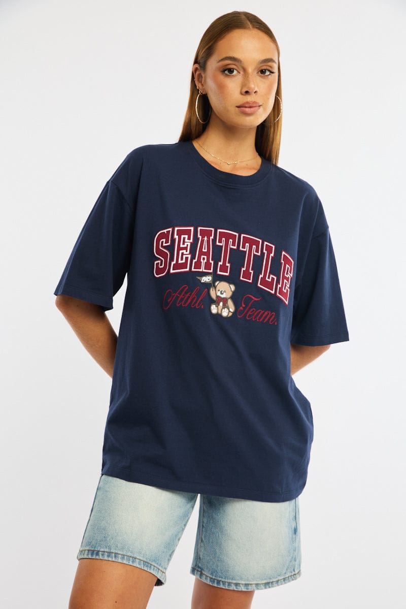 Blue Graphic Tee Short Sleeve for Ally Fashion