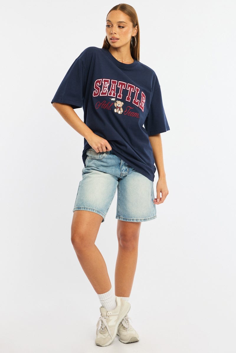 Blue Graphic Tee Short Sleeve for Ally Fashion