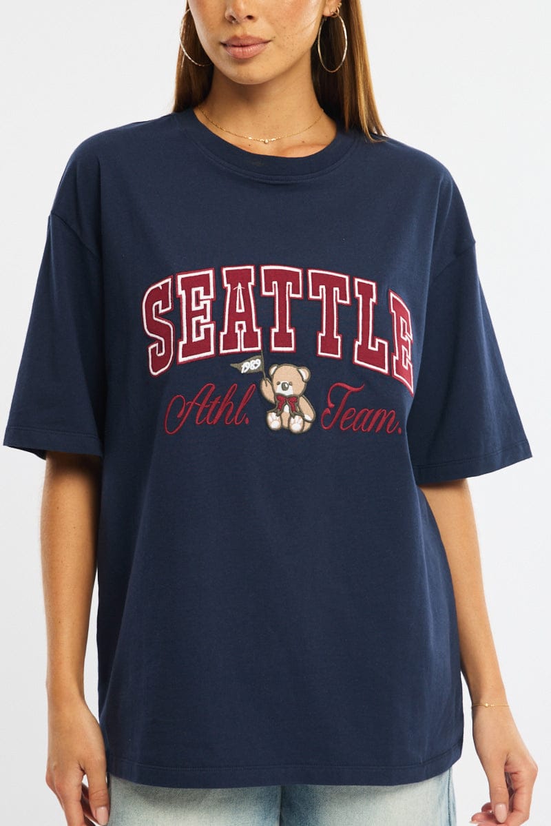 Blue Graphic Tee Short Sleeve for Ally Fashion