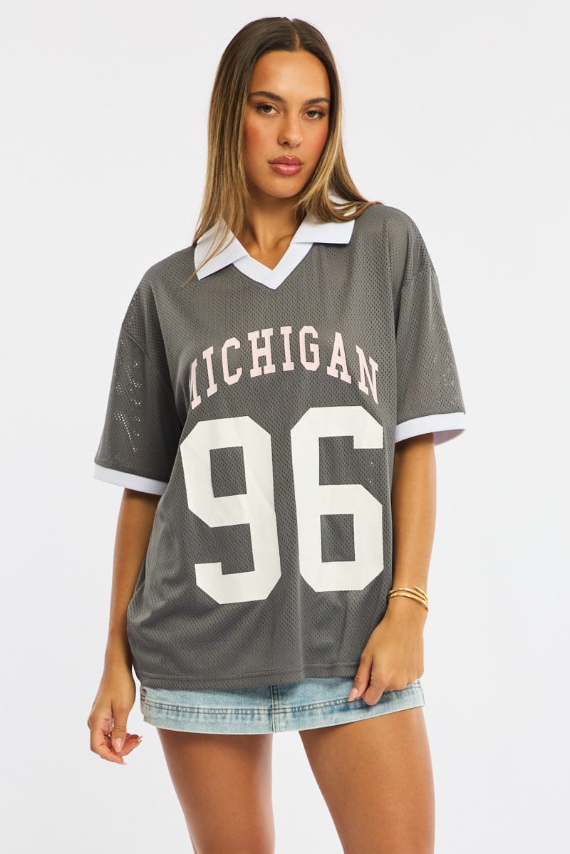 Grey Sport Tee Collar Short Sleeve for Ally Fashion