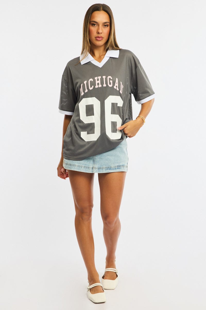 Grey Sport Tee Collar Short Sleeve for Ally Fashion
