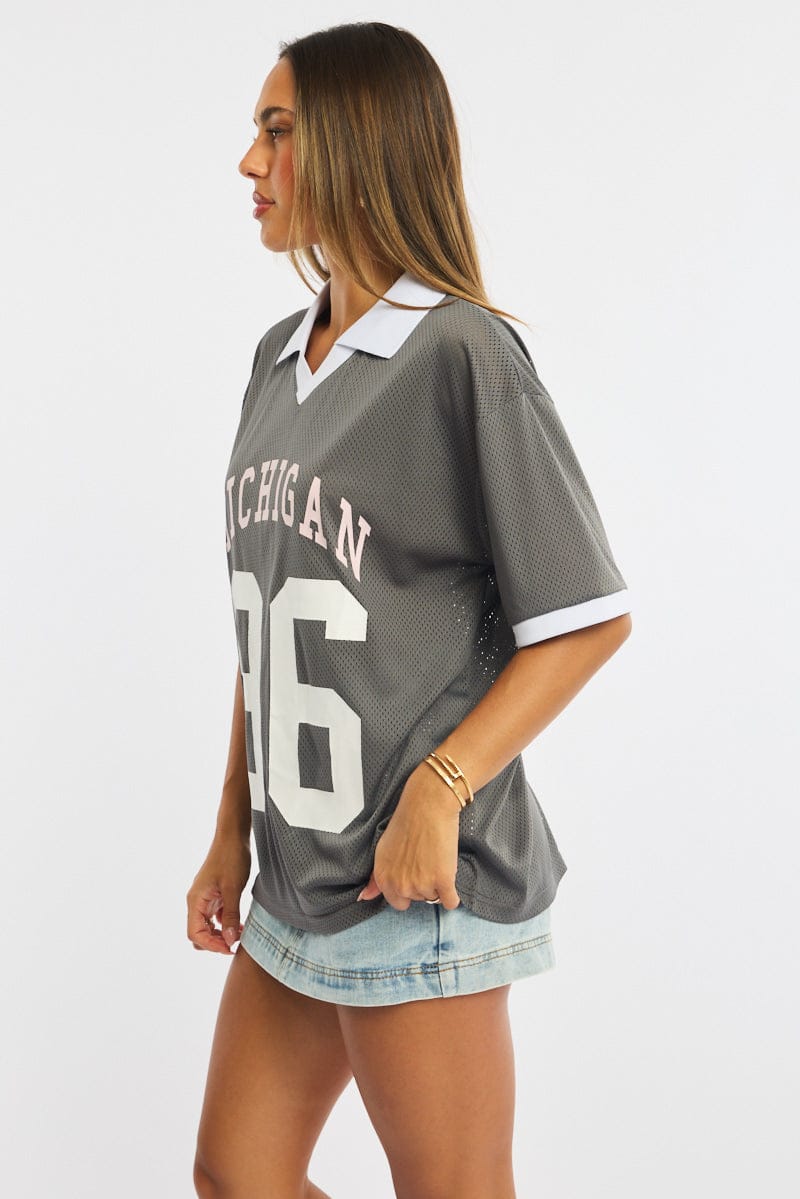 Grey Sport Tee Collar Short Sleeve for Ally Fashion