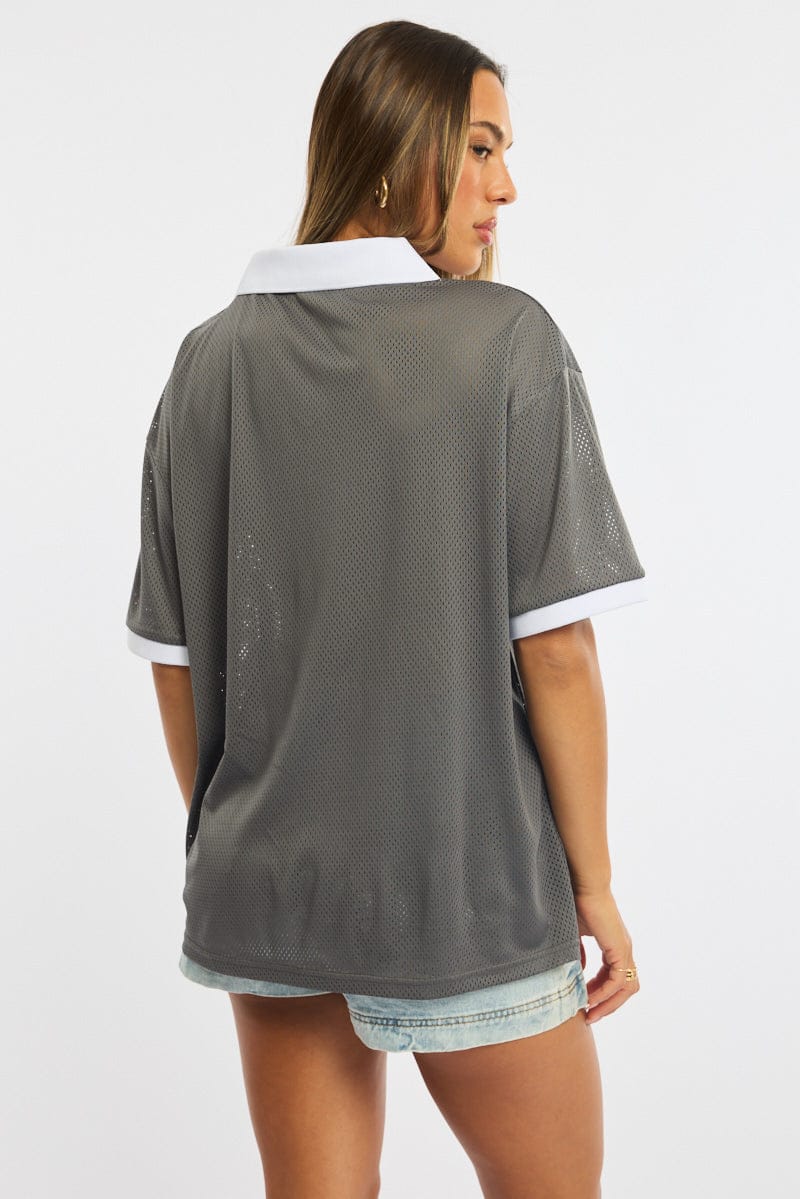 Grey Sport Tee Collar Short Sleeve for Ally Fashion
