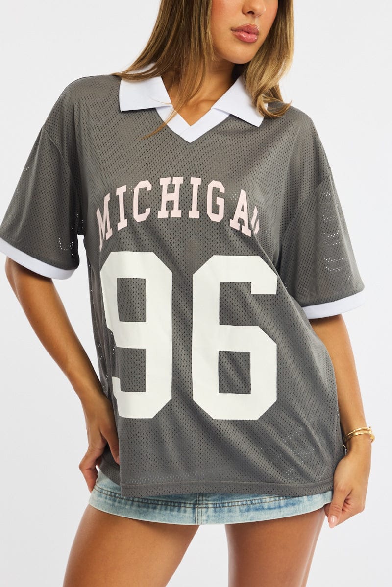 Grey Sport Tee Collar Short Sleeve for Ally Fashion