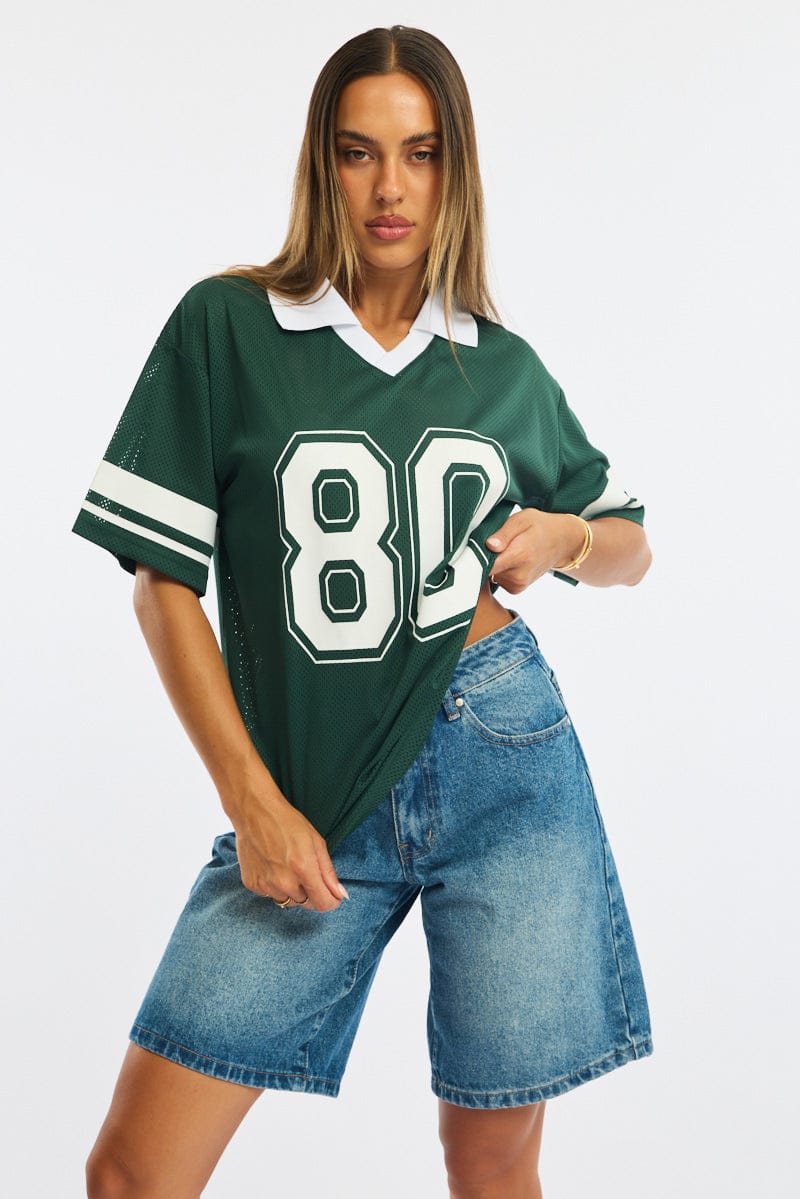 Green Sport Tee Collar Short Sleeve for Ally Fashion