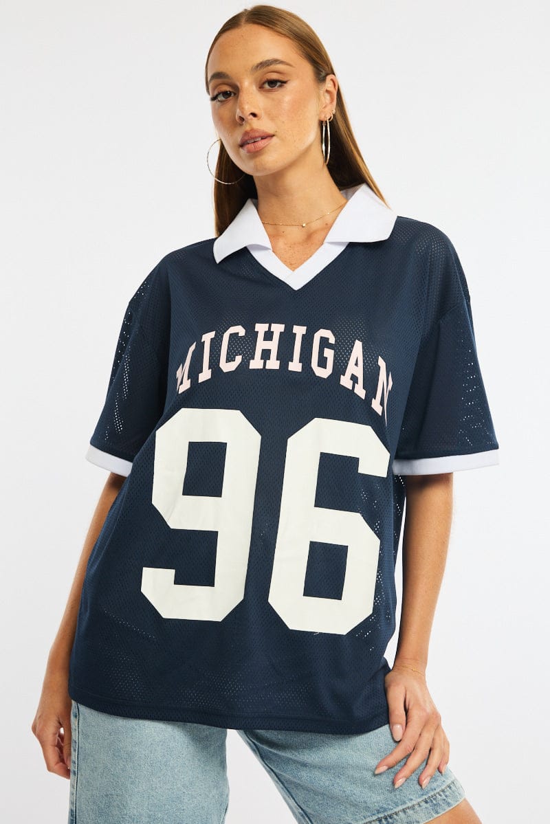 Blue Sport Tee Collar Short Sleeve for Ally Fashion