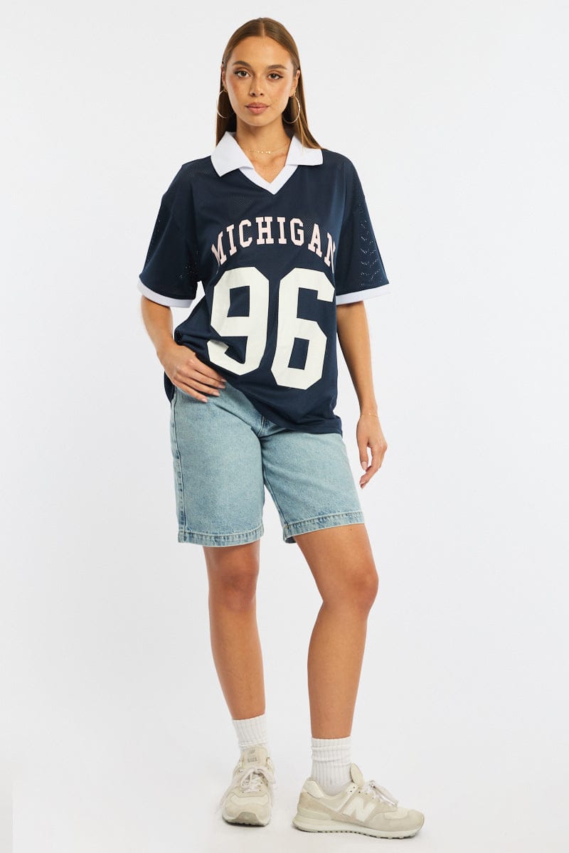 Blue Sport Tee Collar Short Sleeve for Ally Fashion