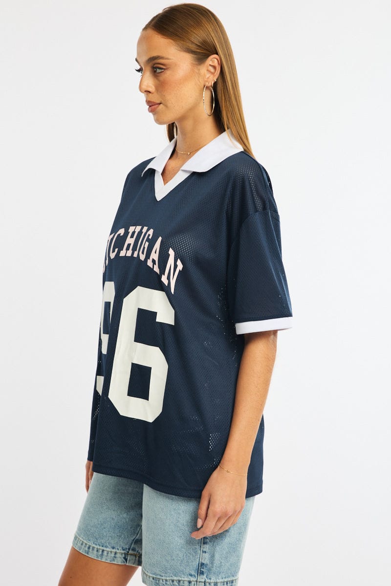 Blue Sport Tee Collar Short Sleeve for Ally Fashion